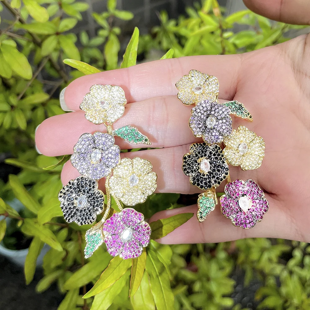 ThreeGraces Beautiful Cubic Zirconia Long Multicolor Flower Dangle Drop Earrings for Women Trendy Wedding Party Jewelry ER846