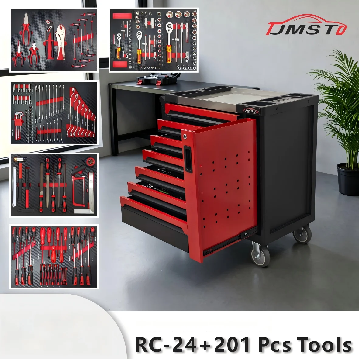 201PCS OEM Steel Mechanic Tool Set 7-Drawer Mobile Tool Cart Garage Workshop Storage Cabinet 250kg Load Capacity 3-Year Warranty