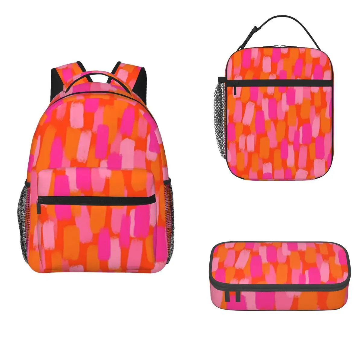 Abstract, Pink And Orange, Paint Brush Effect Backpacks Bookbag Children School Bags Rucksack Lunch Bag Pen Bag Three-Piece Set