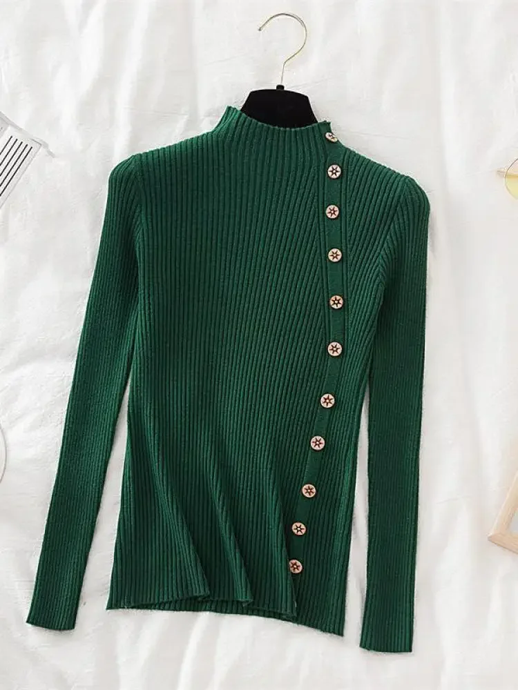 2024 Women Sweater Pullovers Khaki Casual Autumn Winter Button Turtlneck Chic Sweater Female Slim Knit Top Soft Jumper Tops