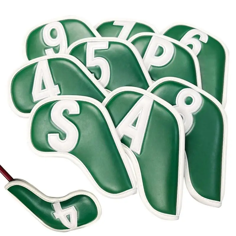 9pcs Golf Iron Head Covers Green PU Leather Golf Club Cover 4 5 6 7 8 9 P A S X Protector Waterproof Headcovers Golf Supplies