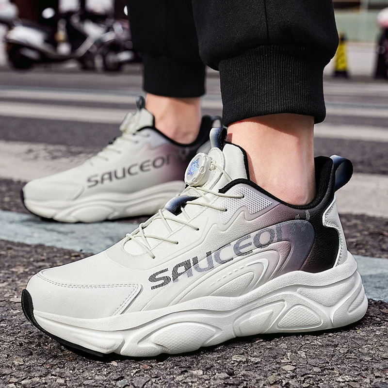 Big Size Men No‑Tie Rotating‑Buckle Dad Shoes, Autumn Winter Waterproof Leather Thick‑Sole Casual Sports Sneakers