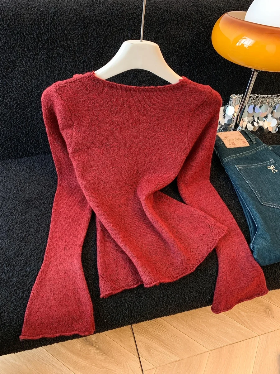 Ele Long Sve Strickpullover Damen Slim Fit Herbst Winter Faion V-Ne Weiche Polyesterfaser Bellslee Top