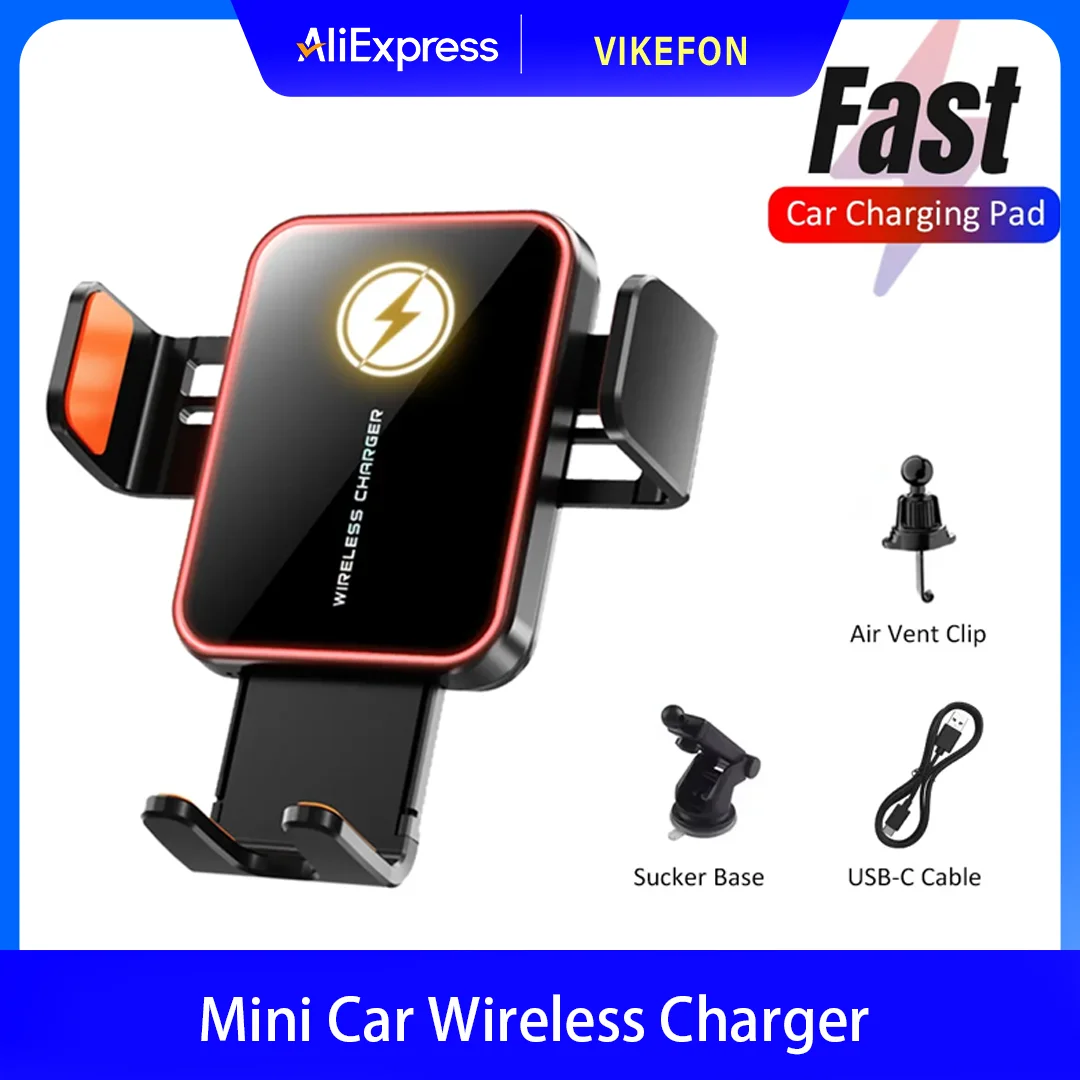 

Мини-автомобильное беспроводное зарядное устройство 360° ° Вращение с автоматическим открытым зажимом, 10 лампочек, кронштейн для быстрой зарядки для iPhone 17-12, Samsung Xiaomi