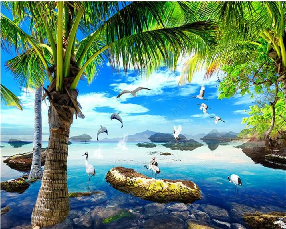 Milofi  Custom wallpaper mural 3D beautiful beach coconut tree dolphin TV background wall