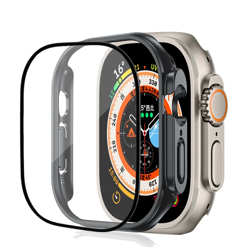 Kaca + casing untuk Apple Watch Ultra2 49mm tali jam tangan pintar PC Bumper + pelindung layar penutup antigores iwatch Seri Aksesori tali