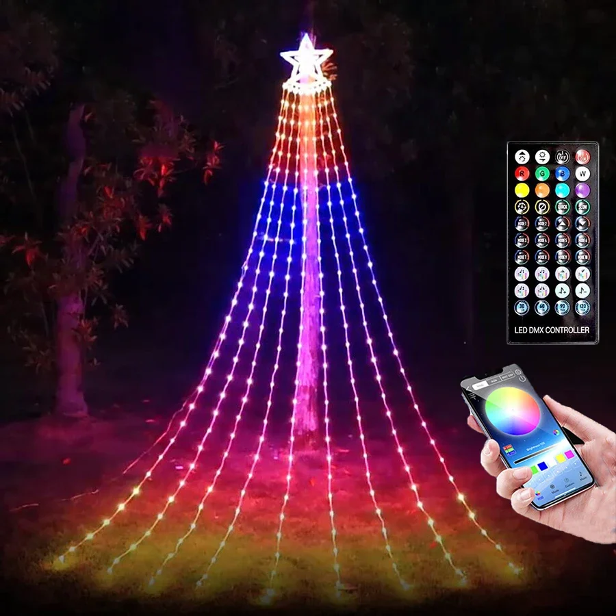 

9X2.8M Smart APP Controlled Christmas Decorations Lights with Star Topper 305 LED DIY Tree Garland Waterfall Lights with Remote