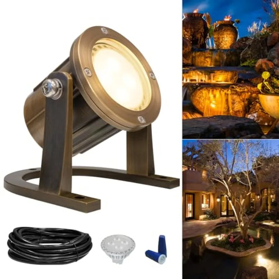 Solid Brass Underwater Light Low Voltage LED Pond Lights Submersible Fountain Lighting with 5W 2700K 410LM MR16 Bulb 9-15V AC/D