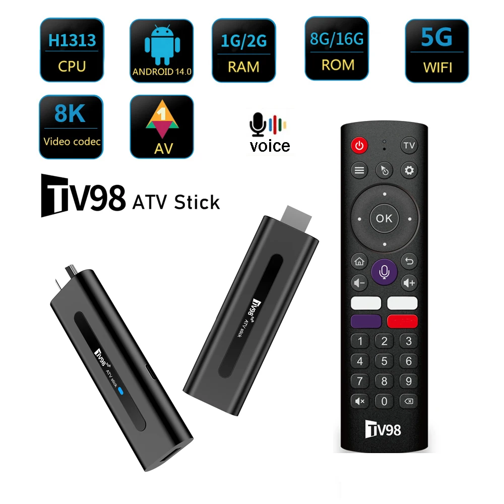 

TV98 ATV Stick Smart TV Stick Android 14 BT5.0 Allwinner H313 4G 5G Wifi 2GB 16GB TV Box HD 8K 4K Media Player Voice Remote iptv