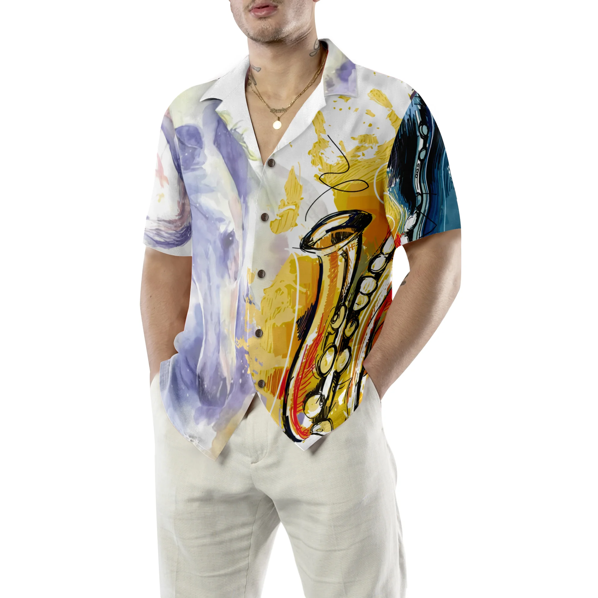 

2024 new high quality jazz music saxophone shirt men's holiday casual lapel shirt men's casual fashion shirt Hawaiian shirt