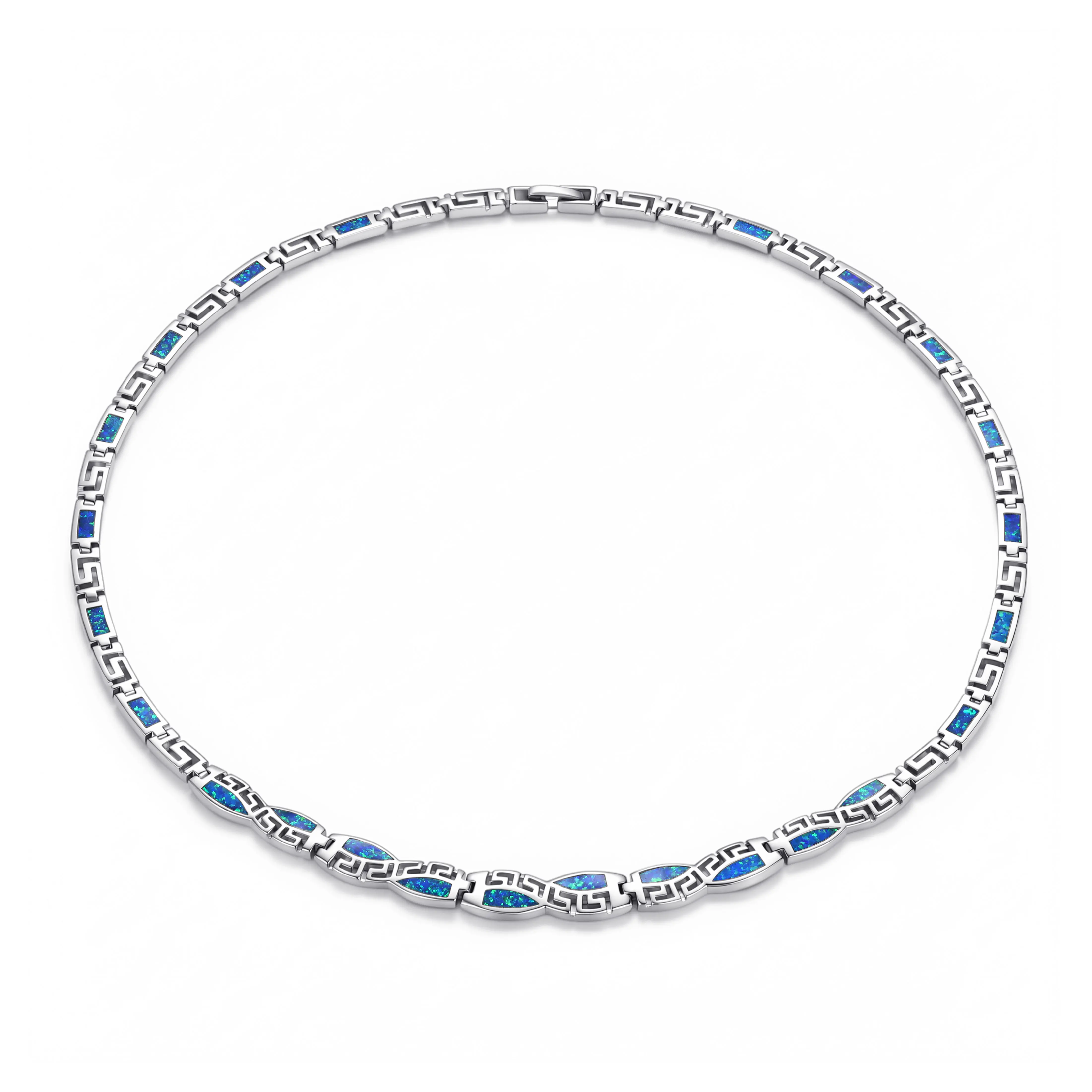 Greek Vintage Meander Choker Necklace for Women Inlaid Blue Opal Continuous Geometric Link Collar Chain Dainty Everyday Jewelry