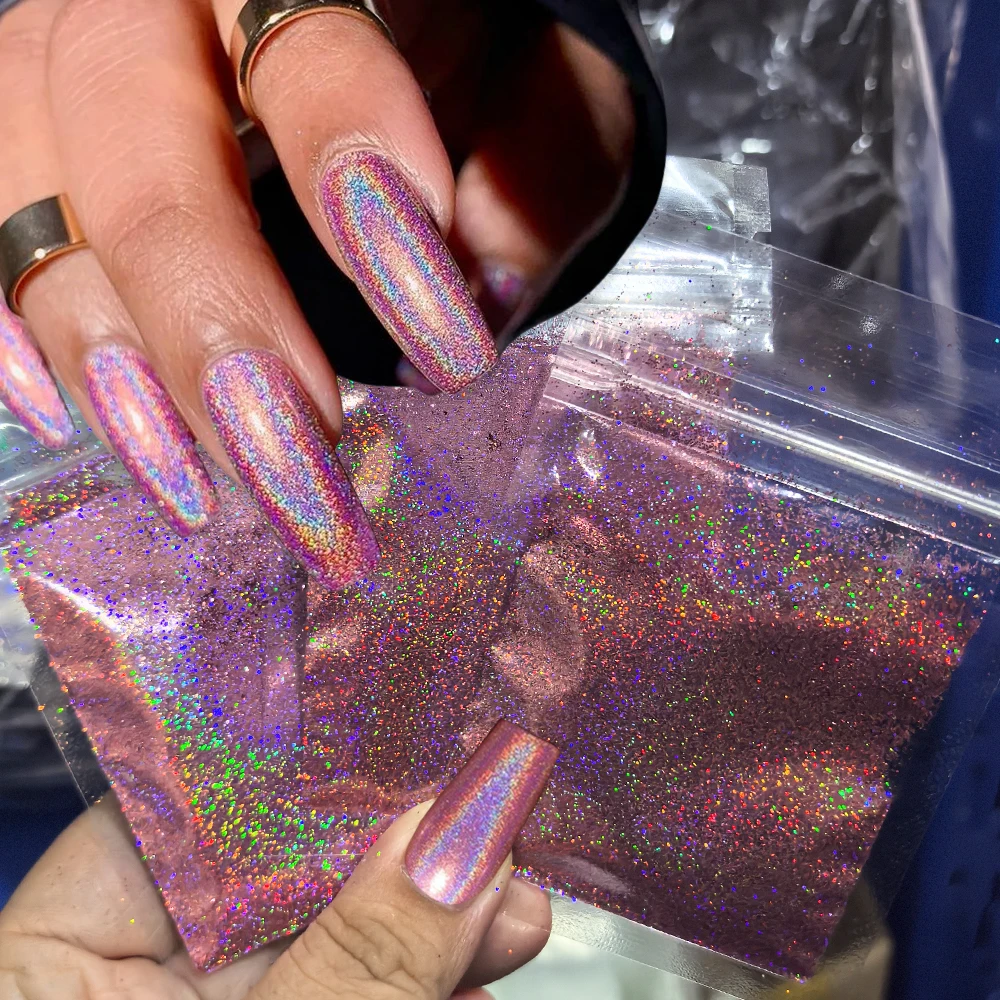 10g Hologram Laser Pink Nail Glitter Powders, Iridescent Sparkly Pigment Dust for Nails, Extremely-fine Glitters Manicure Supply