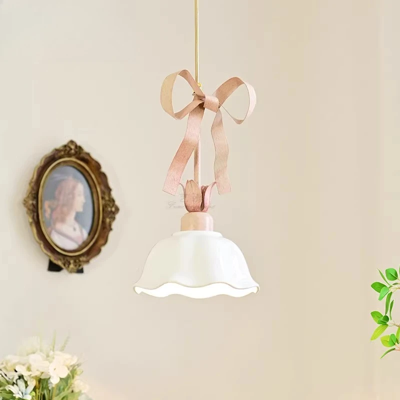 

American pink ribbon chandelier French bow creative lamp Nordic princess girl room bedroom bedside chandelier