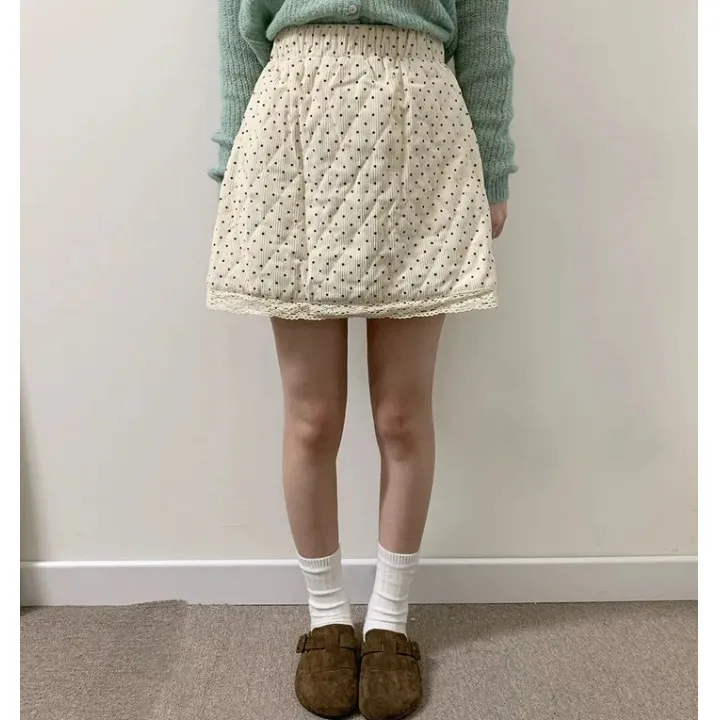 High Waist A-Line  Skirt Women's Chic Faion Dot Lace Trim Sweet Younging Effect Korean Sle Commute Friendly