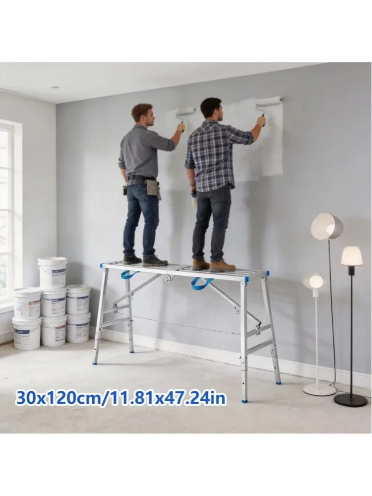 120 x 30 cm faltbare, verstärkte Stahl-Sägebank, multifunktionale mobile Arbeitsplattform mit doppeltem Stützrahmen, robuste Hebe-Arbeitsbankleiter für Innenrenovierung, Wanddekoration, Bauarbeiten