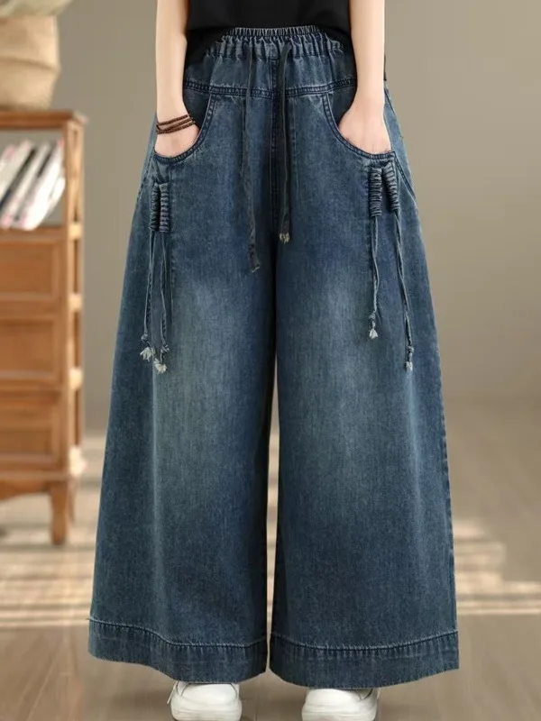 

Ретро джинсы-юбка свободного кроя с широкими штанинами и эластичным поясом, большие размеры, женские, весенняя новинка, джинсовые брюки-скинни