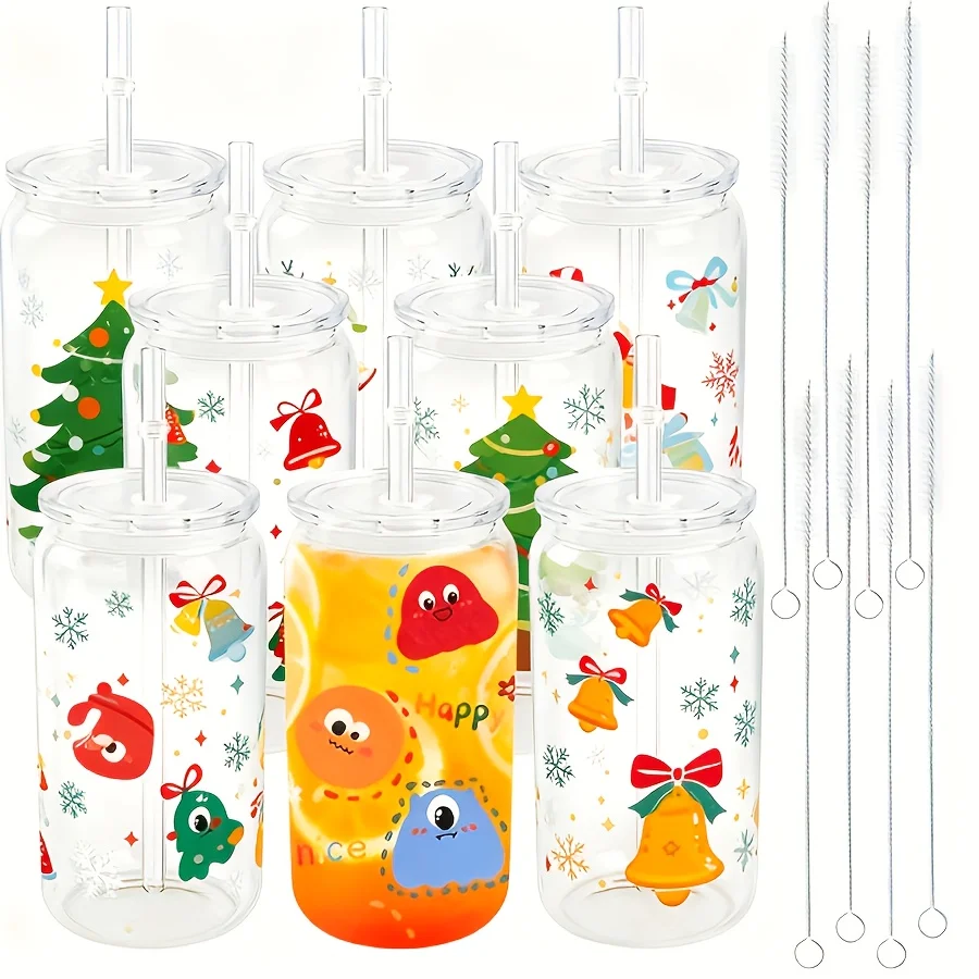 8/25 Pieces of Transparent Plastic Cans with Lids and Straws, 16oz Plastic Flat Bottomed Cup with Straw, Iced Coffee Cup, Water Bottle, Mug, Christmas, Party Gift, Water, Milk, Juice, Beverage, DIY Heat Transfer Printing