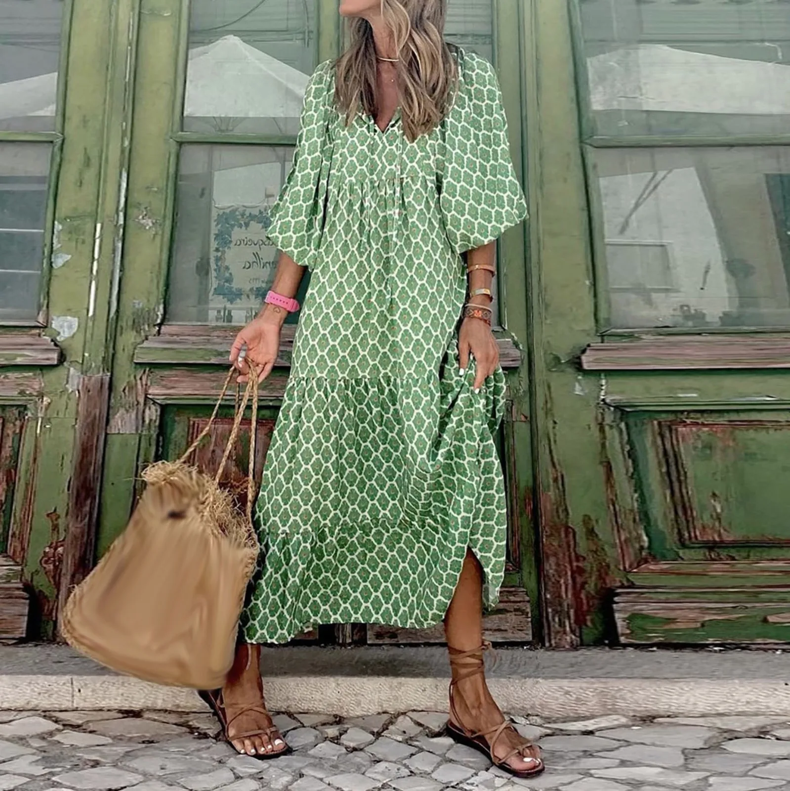 Vestido maxi de manga folhada feminino, saia floral com cordão, decote v, solto, feriado, festa na praia, elegante, verão, 2024