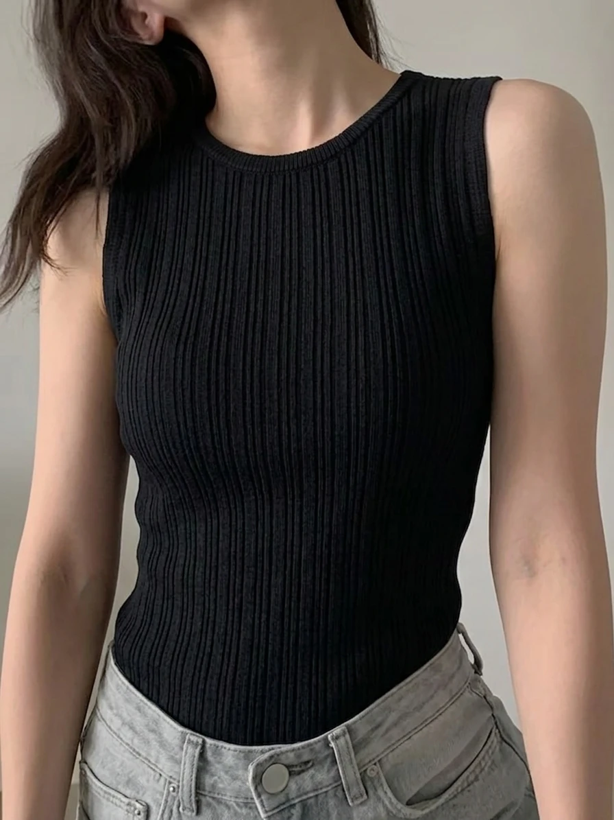 Sommer Damen Geripptes Strick-Top Ärmellos Figurbetont Basic Casual Alltags-Tanktop Camisole