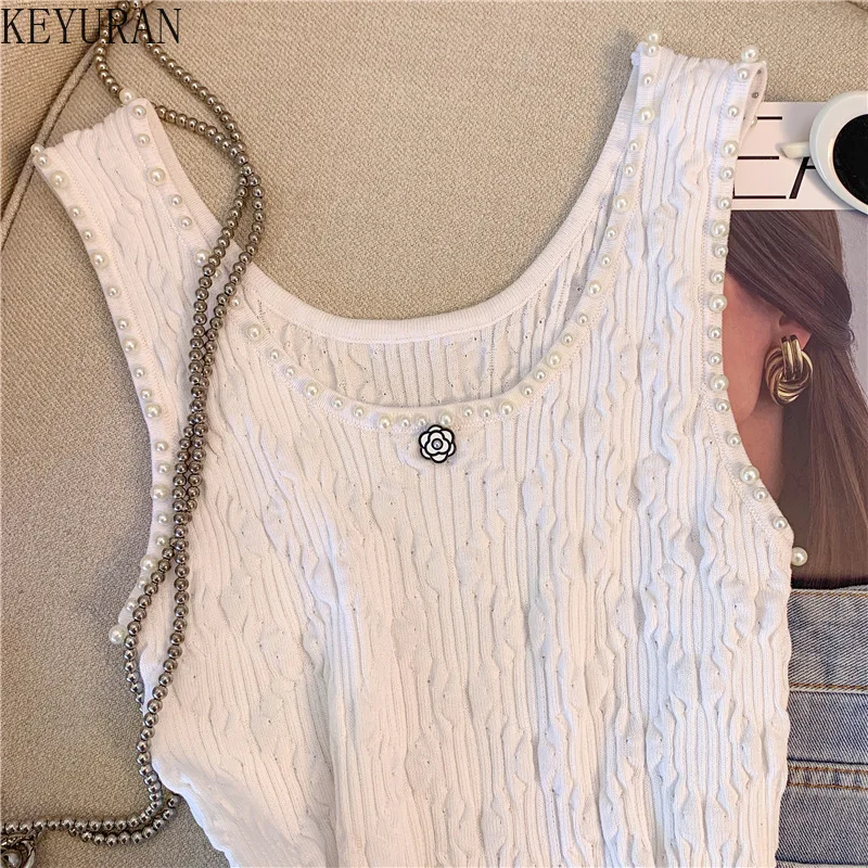 2024 Summer Pearl Beading Sleeveless Sweater Vests Women Pullover Slim Sexy Knit Tank Crop Tops Vintage Fashion Knitwear Jumper