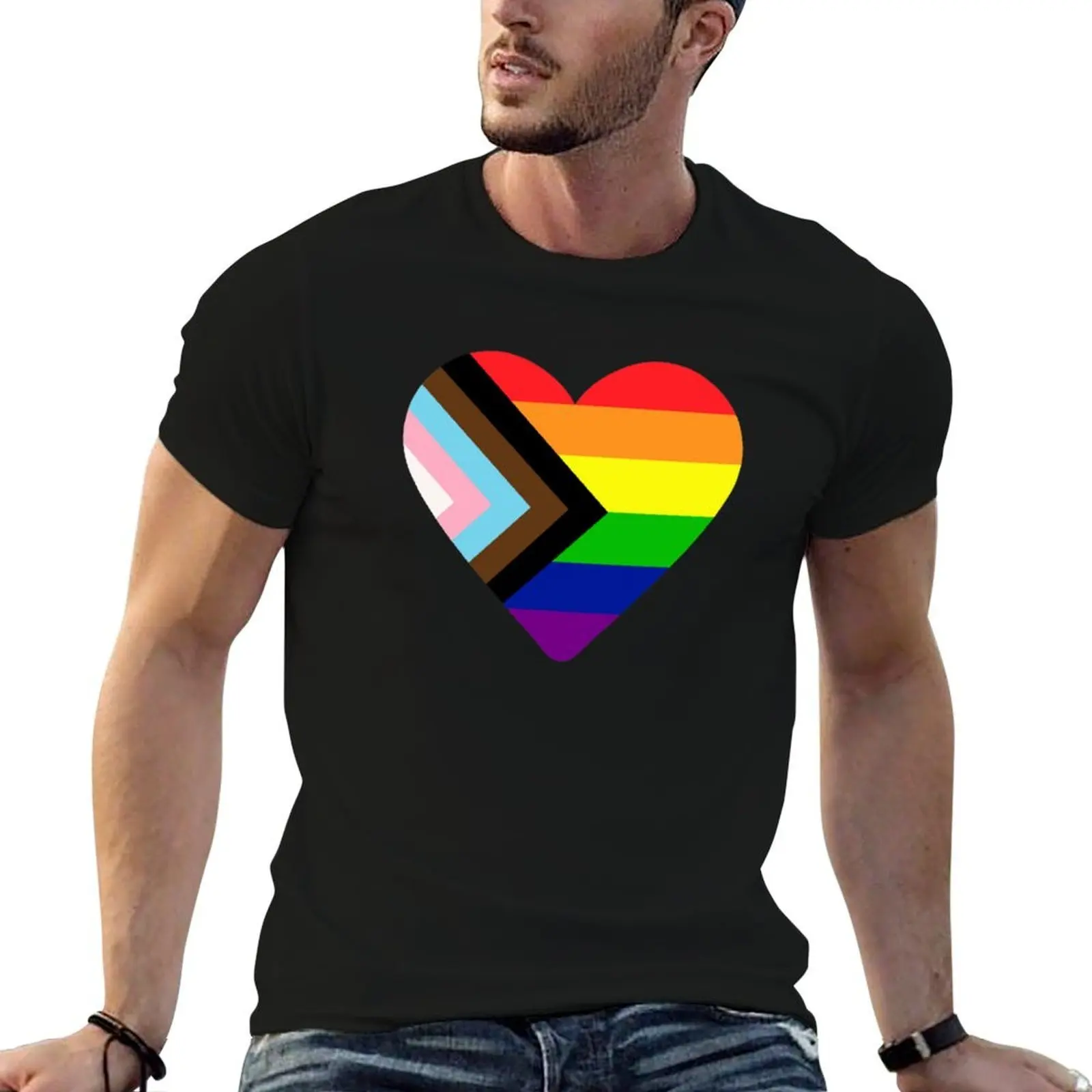 Progress Pride Flag Heart T-Shirt Luxury man funny meme t-shirts slim fit t shirts for men