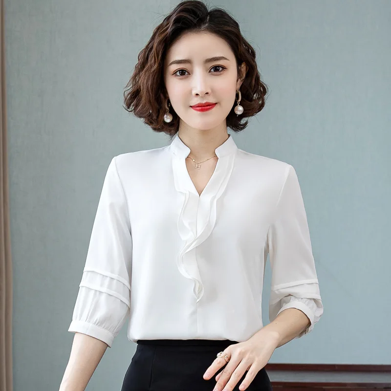 New Women'S Summer Style Slimming And Fashion 7-Point Sleeve Chiffon Shirt Mom'S Trendy Versatile Loose Ruffled V-Neck Top