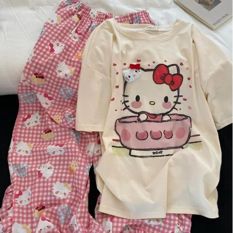 

Пижамы Sanrio Hello Kitty больших размеров для женщин, домашняя одежда для отдыха, новая летняя свободная одежда для сна с милым мультяшным принтом, с короткими рукавами и длинными брюками