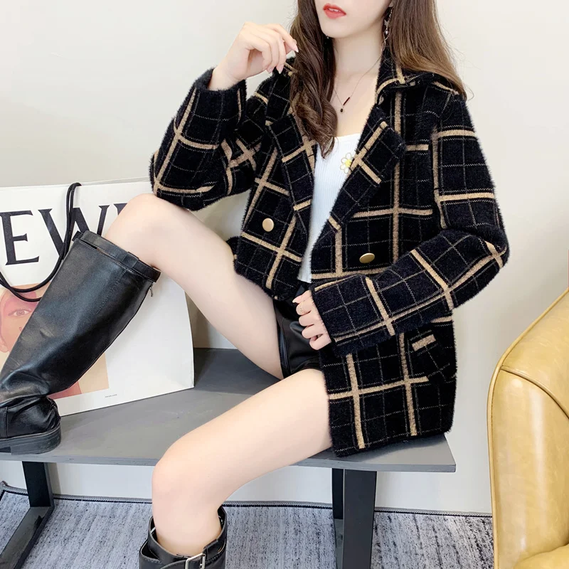 Blazer Collar Jacket Women Short Outwear Autumn Winter 2024 New Thick Mink Cashmere Plaid Knit Cardigan Sweaters Coat Female