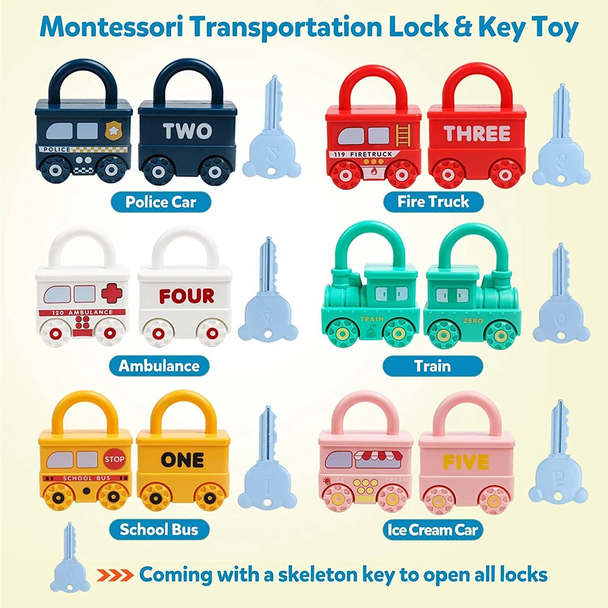 3Pcs Early Learning Lock Unlock Car Train Toy with Keys, Kids Montessori Math Motor Skill Educational Toys, Birthday Xmas Gift