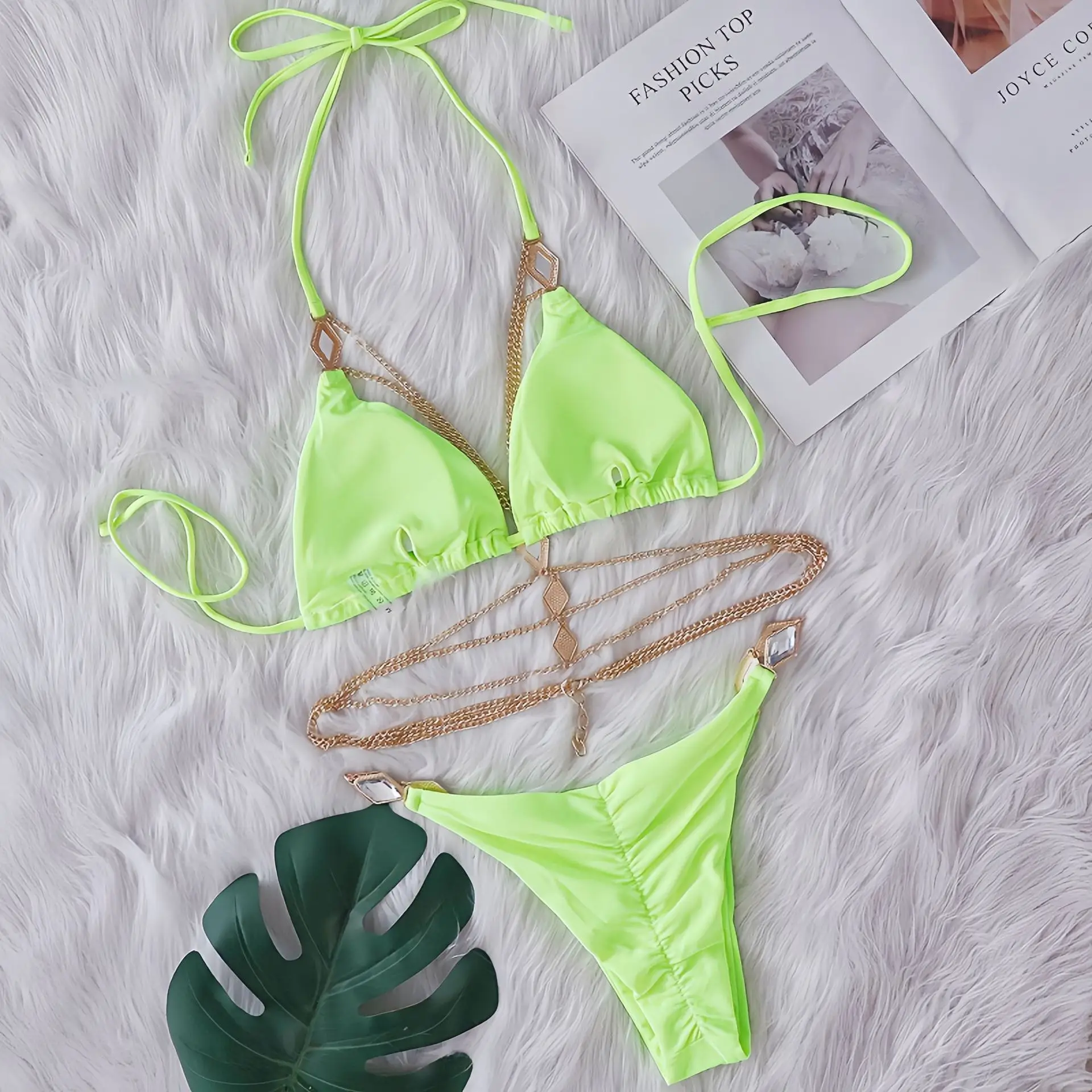 홀터 금속 체인 라인스톤 다이아몬드 비키니 여성용 수영복, 여성 수영복, 투피스 비키니 세트, 목욕 세트, 수영 레이디