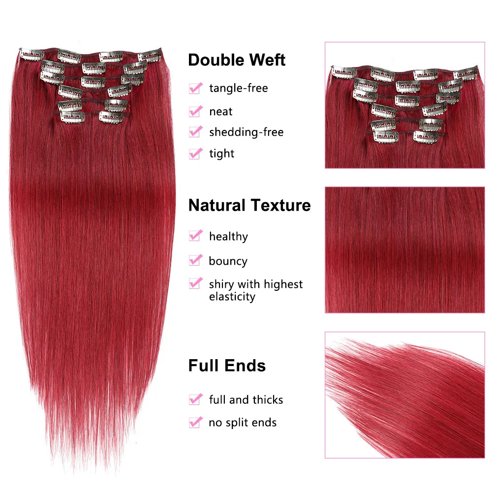 Clip In Hair Extensions Real Human Hair 14-18 Inch 7pcs Human Hair Extension Clip Ins Burgundy Wine Red Long Full Head For Women