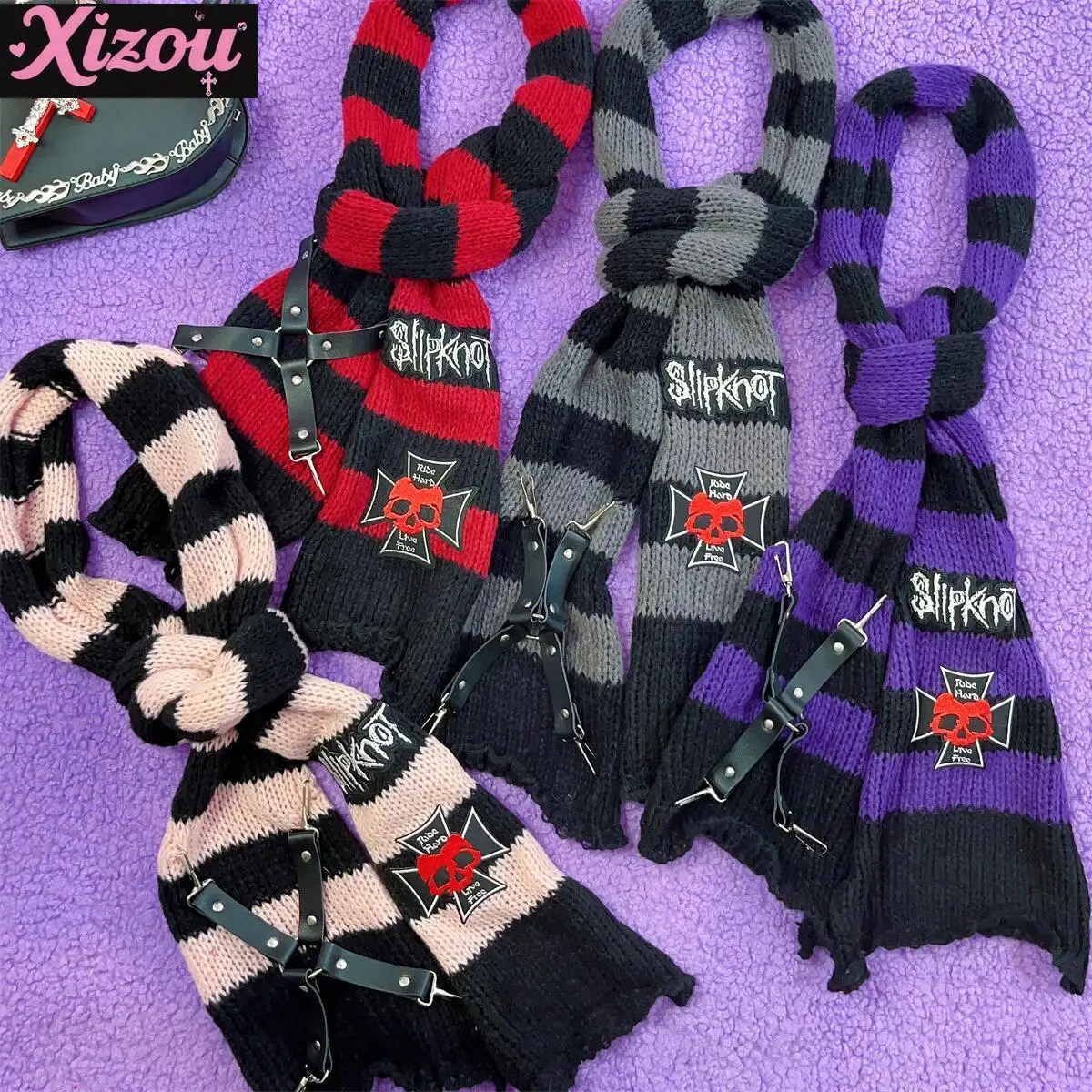 

Autumn Winter Female Gothic Skull Embroidery Belt Decorative Punk Stripe Knitted Yabi Culture Y2K Spice Girls Tide Scarf