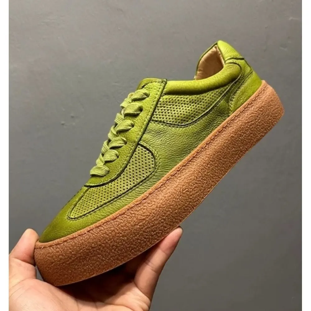 Fresh Avocado Green Perforated Leather Sneakers, with gum sole, breathable and stylish,
