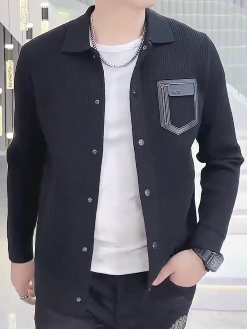 

Spring Autumn Men's Knitted Jaet Collared Casual Faion Trendy Lightweight Luxury Outerwear Long Sve Antibacterial