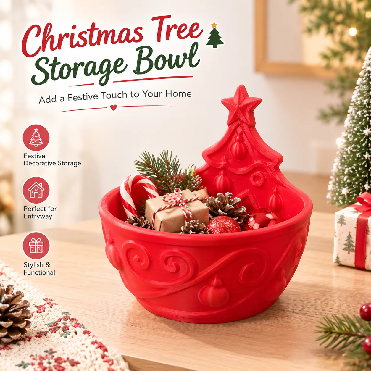 3D Printed Red Christmas Tree Storage Bowl, Multifunctional Holiday Candy Tray, Entryway Key and Jewelry Storage Tray, Desktop Christmas Decoration Ornament, 3D Embossed Christmas Ball Pattern with Star on Top, Classic Design, High-Quality Resin Material, Sturdy and Scratch-Resistant, Finely Crafted and Smooth, Can Be Used to Store Candy, Jewelry, Keys, Office Supplies, Small Plants, Suitable for Entryway, Dining Table, Dressing Table, Office, Multiple Settings, Holiday Decoration and Daily Storage
