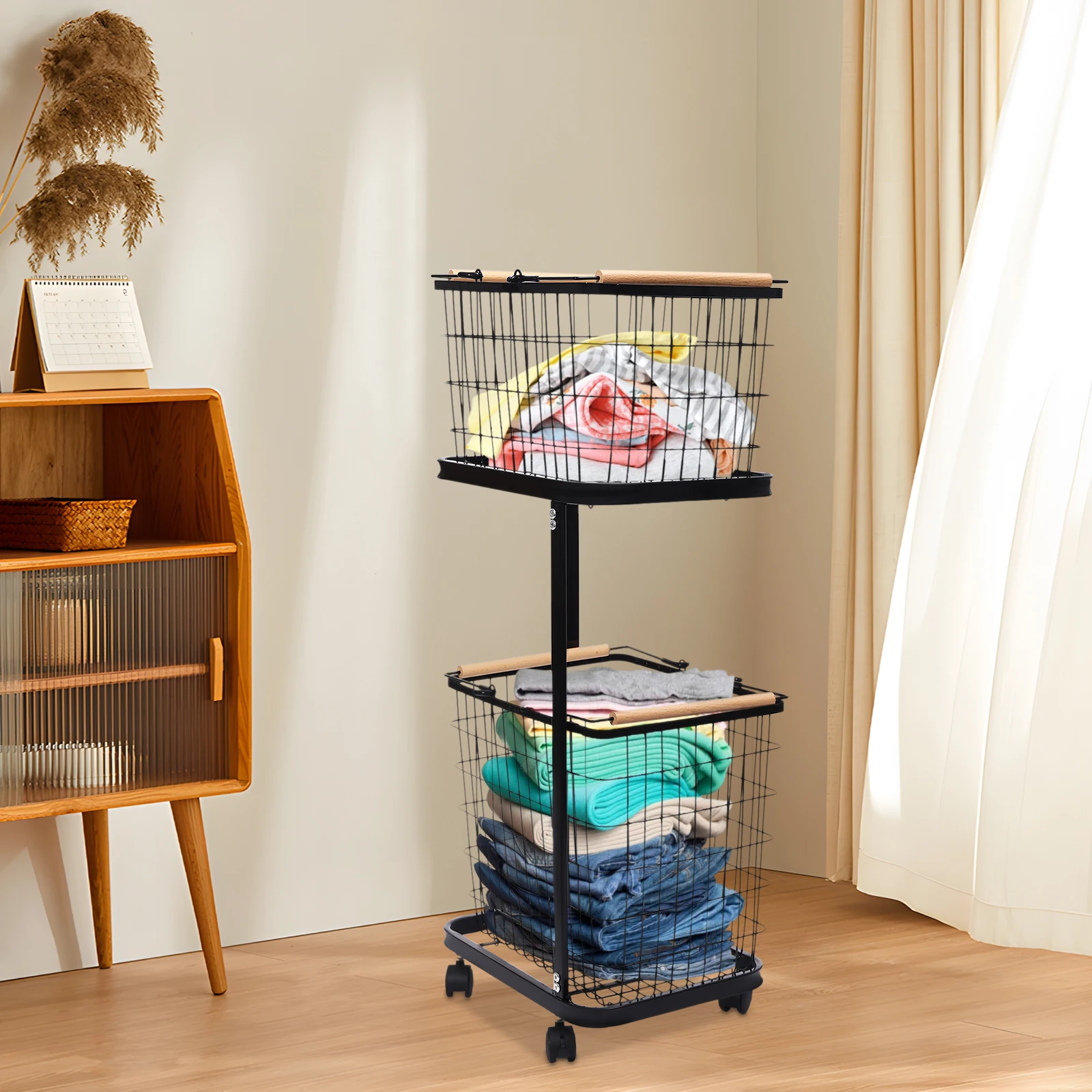 

2-Tier Black Laundry Basket, Metal Laundry Basket with Wheels, Removable Laundry Basket Storage Laundry Hamper for Dirty Clothes