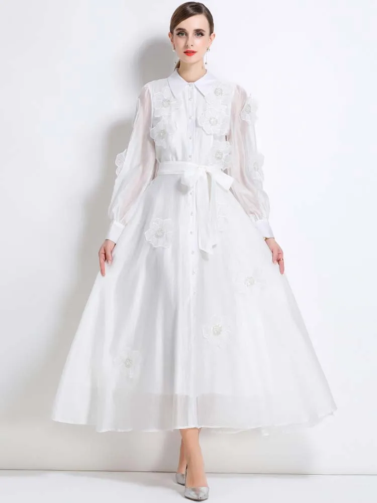 Długa sukienka koszulowa z cekinami i kwiatowym wzorem Damska Jesień 2025 Luksusowe Sukienki Maxi z długim rękawem i paskami Elegancka Jednolita INKEO 5D239