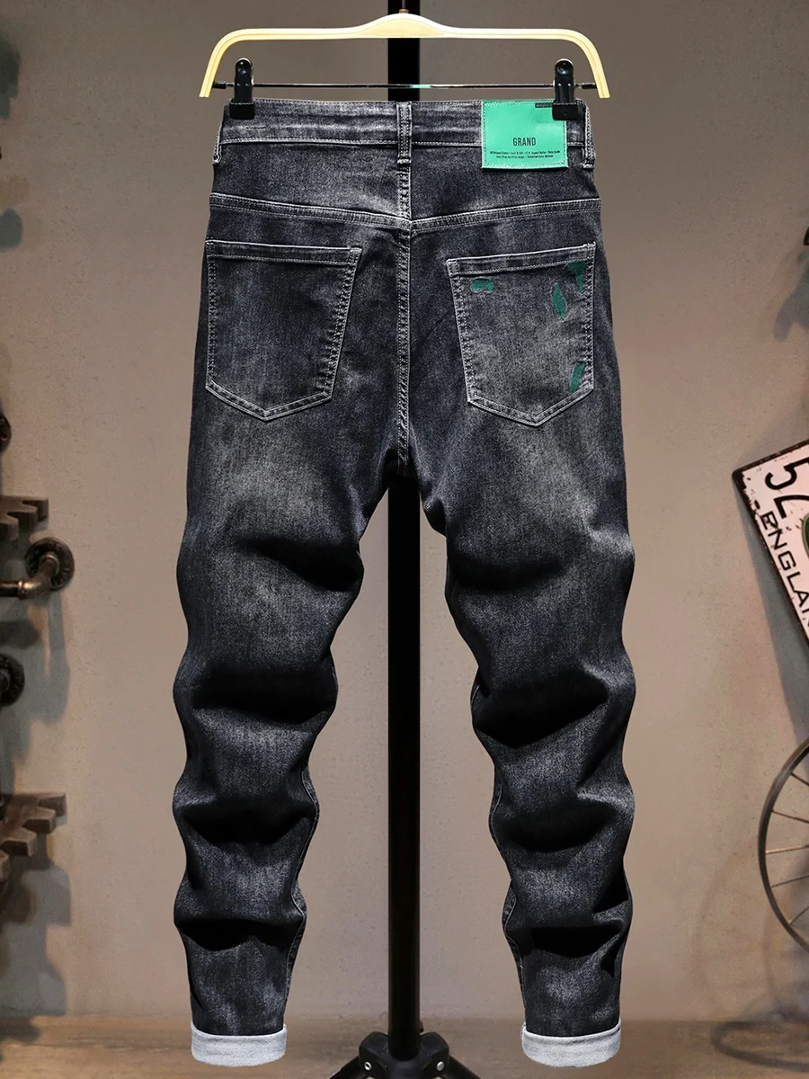 

Мужские джинсы Ele с вышивкой, облегающие, модные, эластичные, длинные брюки из хлопкового стрейч-денима, со средней посадкой, на молнии