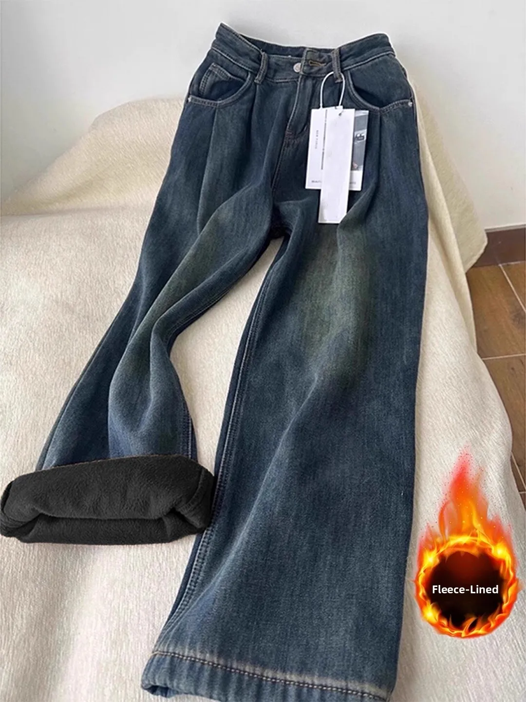 

Retro American Blue Fce Lined Jeans Men's Thiened Straight Leg Micro Flared Pants Autumn Winter Slimming Cleanfit