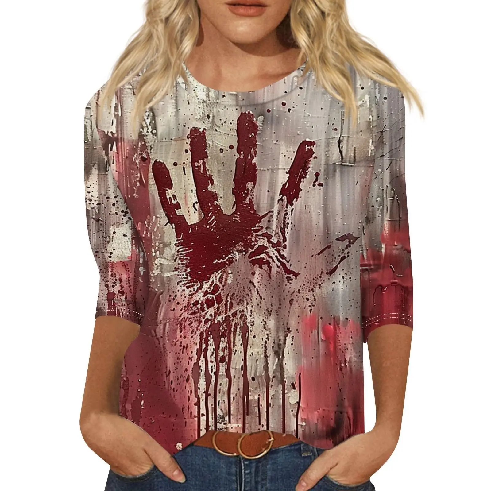 

Halloween Series Bloody Loose Blood Clot Pumpkin Lantern Seven Sleeve Bat Horror Pattern Top