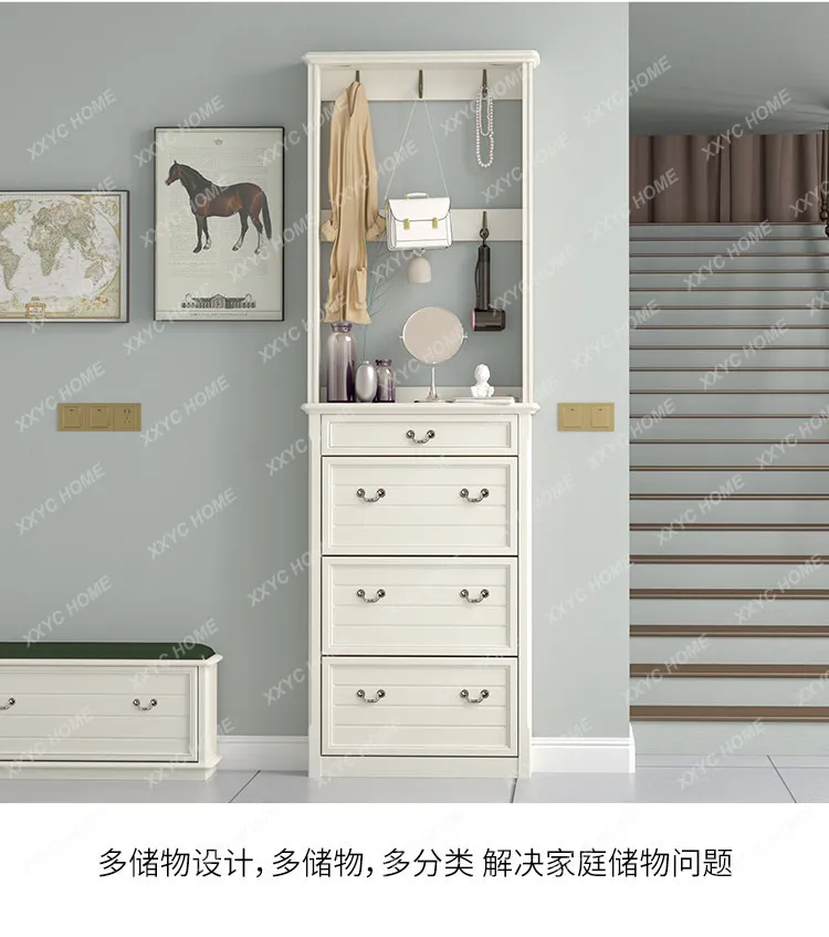 Pure solid wood small apartment tipping bucket shoe cabinet with coat rack white porch shoe rack cabinet at the door of the home