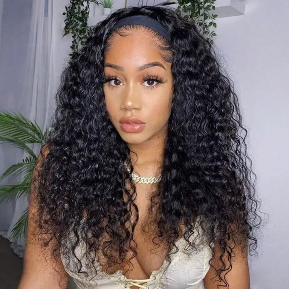 Deep Wave 34 Inch Headband Wig, Glueless Human Hair Wigs, Machine Made No Lace Deep Curly Natural Color Hairpiece for Women image 5