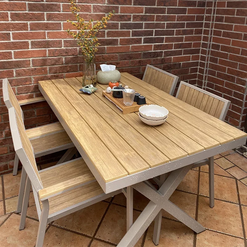 Outdoor plastic wood table, courtyard garden, leisure outdoor combination, open-air commercial waterproof