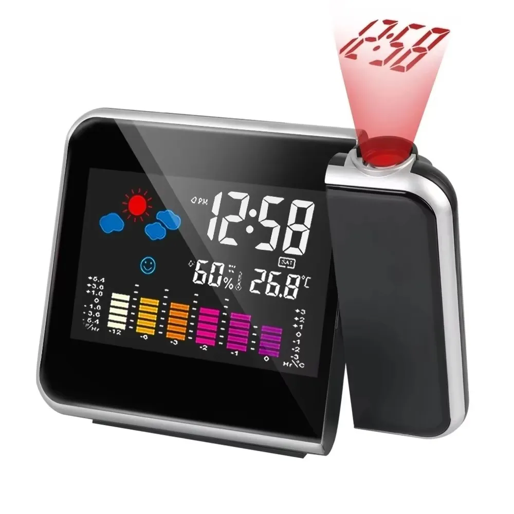 LED Projection Alarm Clock with Color Weather Station Display, Digital Time Projector Clock Indoor Thermometer Hygrometer