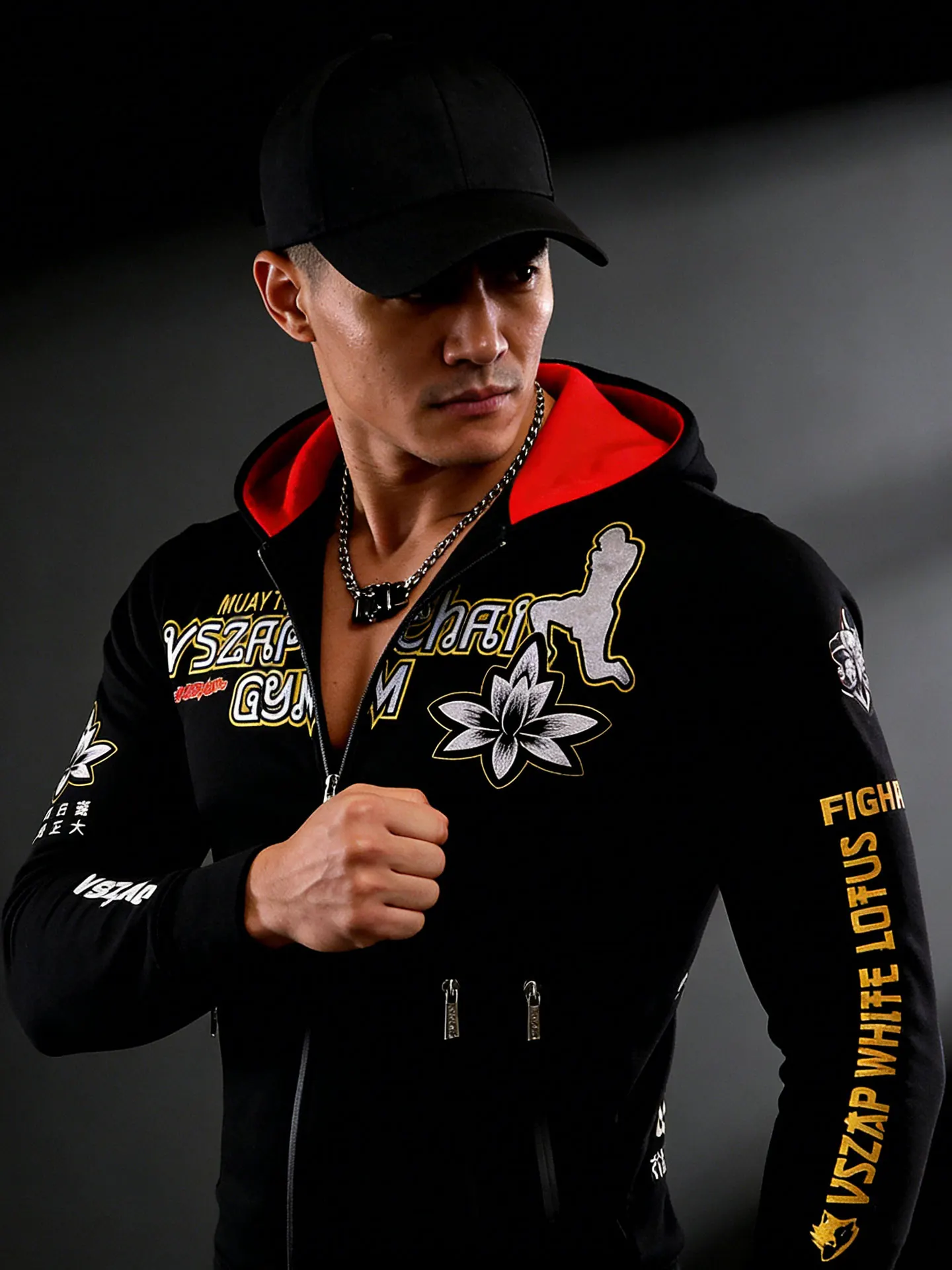 

VSZAP Men's Fitn Hoodie Thai Boxing Combat Lotus Letter Gold Print Zipper Jaet Comfortable Long Sve Stand Fit Swea...