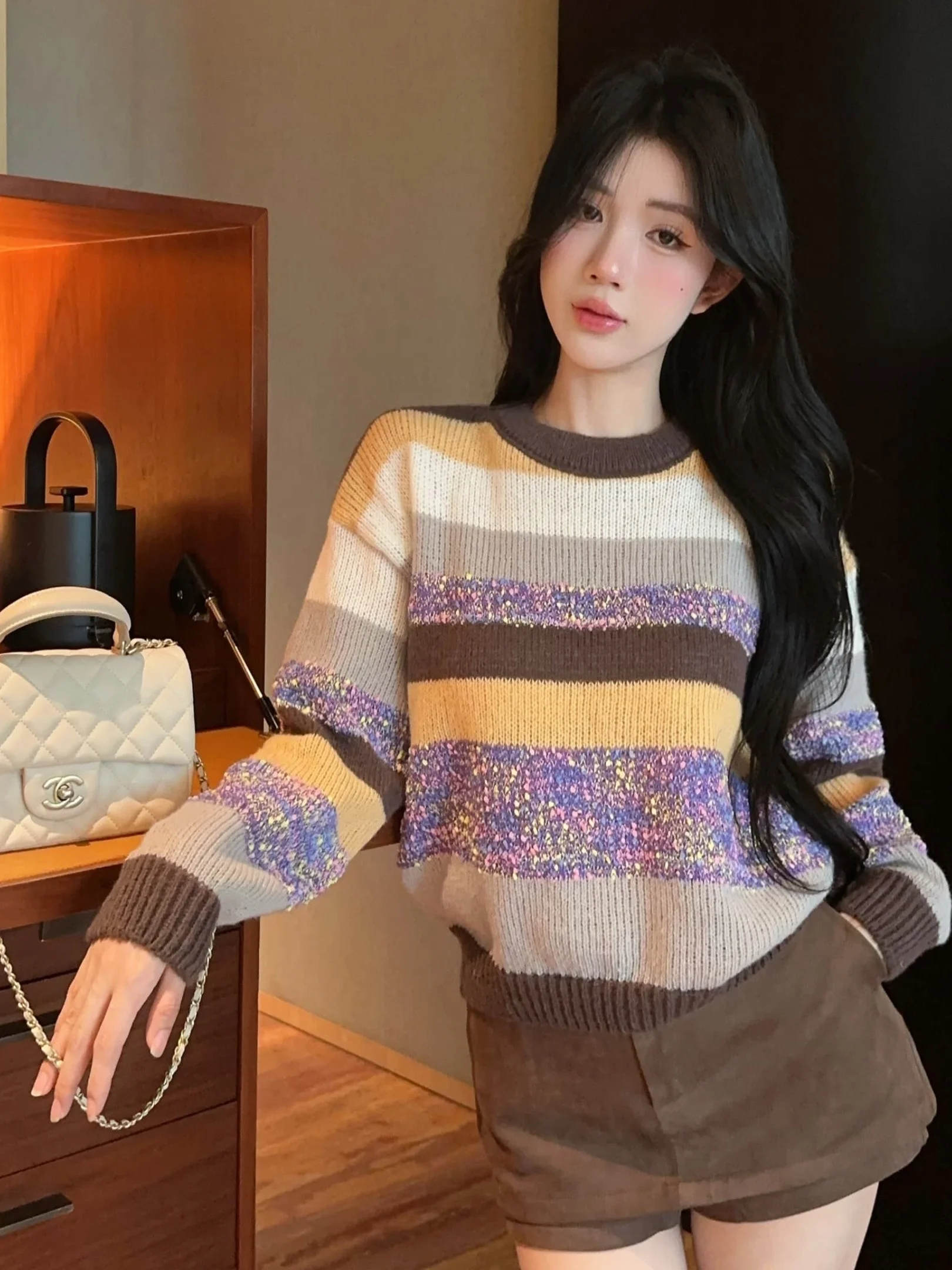 Sweet Retro round Ne Striped Knit Sweater Loose Casual Overhead Trendy Girl's Faion Straight Tube Long Sve Winter Top