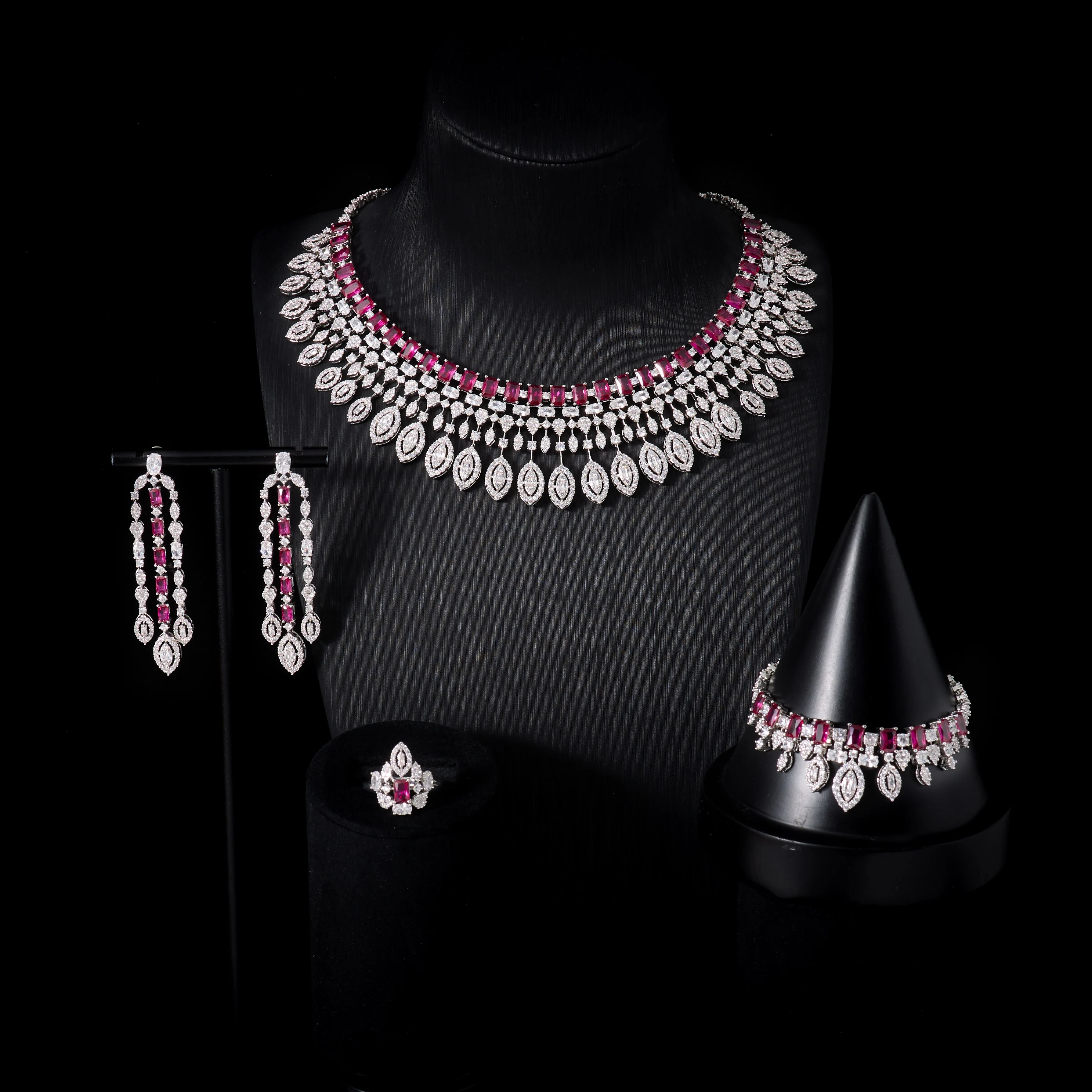 00091 Dubai Middle East Style 4Pcs Bridal Jewelry Set  Full Cubic Zirconia Necklace Earrings Bracelet Ring for Wedding Party