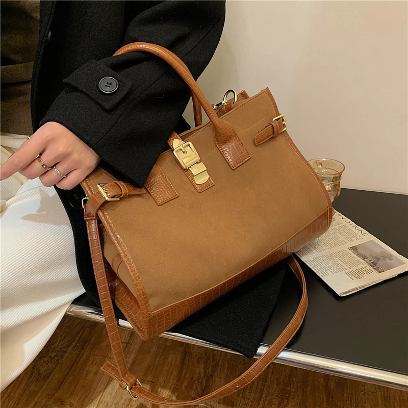 Vintage Suede Large Tote Shoulder Bags For Women Brand Designer Patchwork Crocodile Pattern Work Ladies Handbags 2022