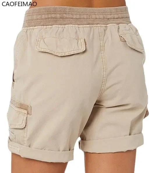 Women Shorts Cargo Pants Shorts Elastic Waist Short Pants Cotton Linen Pocket Summer Beach Solid Color Sliming Comfot Breathable