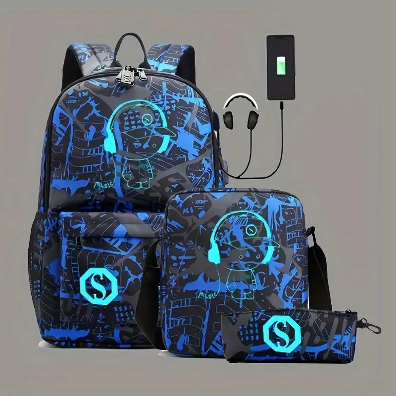 3-częściowy zestaw wodoodporny plecak o pojemności ze świecącym wzorem Multi Music BoysTravel Bag z ładowaniem USB Teens Laptop Mochilas